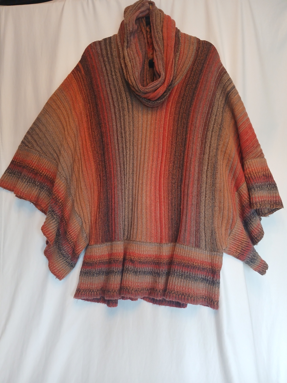Orange & Brown Rustic Striped Dramatic Bat Sleeve Cowl Neck Poncho Sweater XL